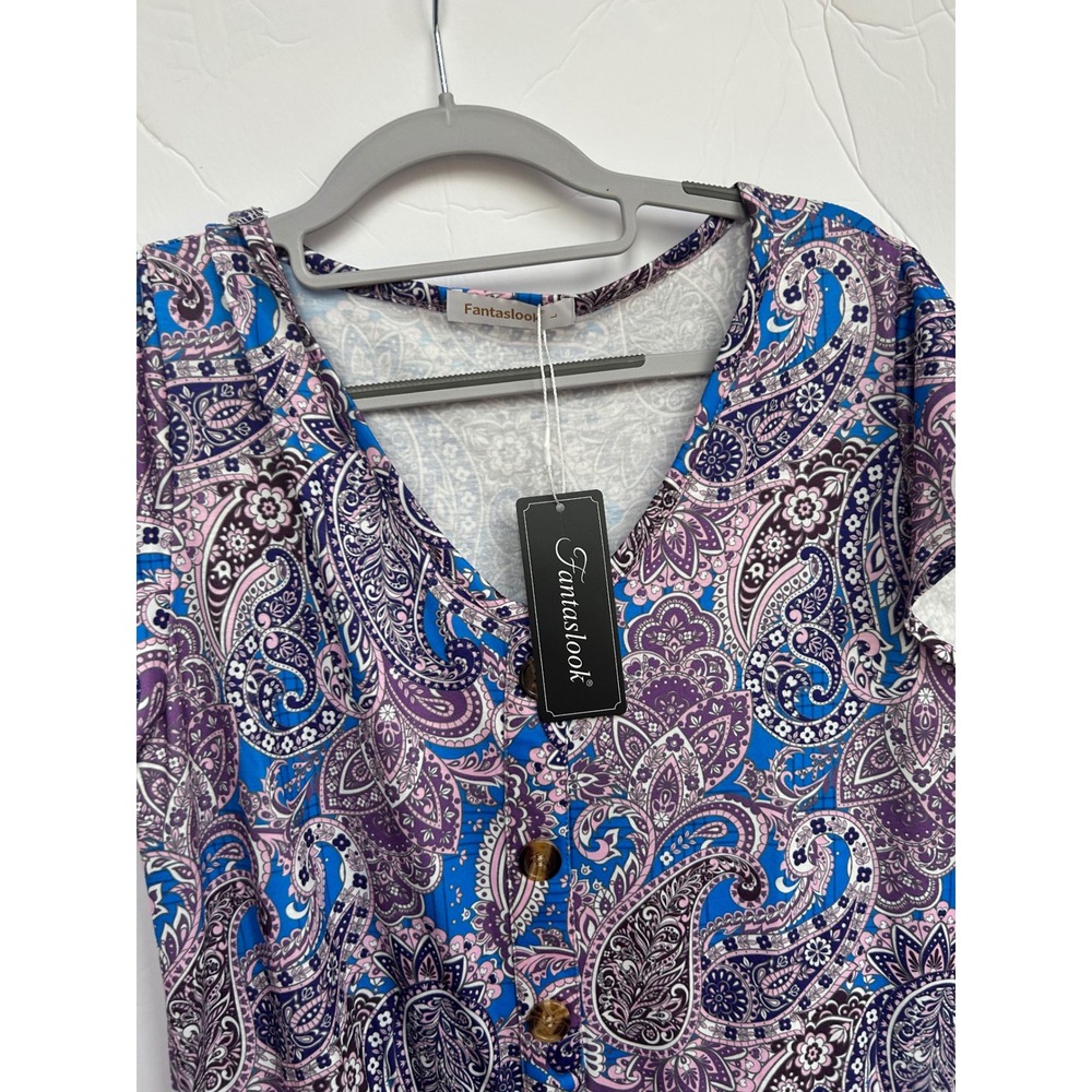 Fantaslook Paisley Mini Dress Womens L Blue Purple NWT Boho Button Front Flutter - Picture 4 of 5